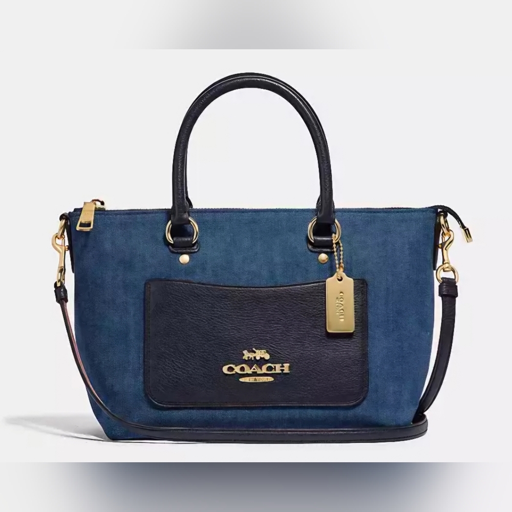 Coach Blue Denim and Dark Blue Leather Signature  Satchel with Gold Hardware